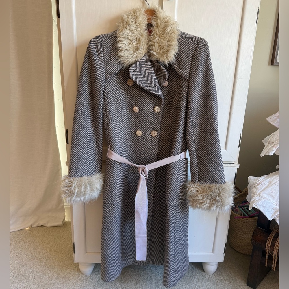REBECCA TAYLOR Wool Coat with pink grosgrain ribbon belt, excellent condition